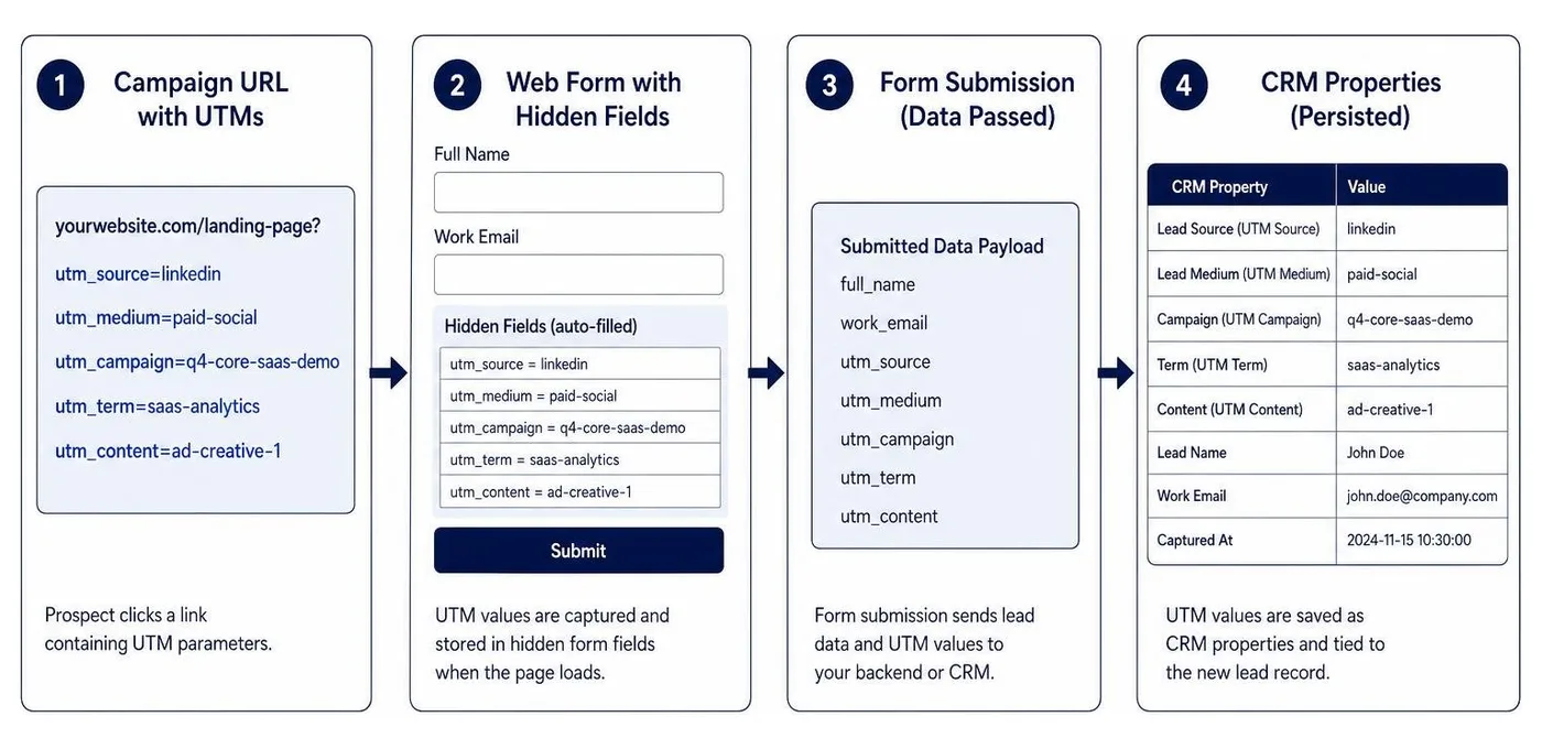 Diagram showing UTM parameter values passing through hidden form fields to CRM properties