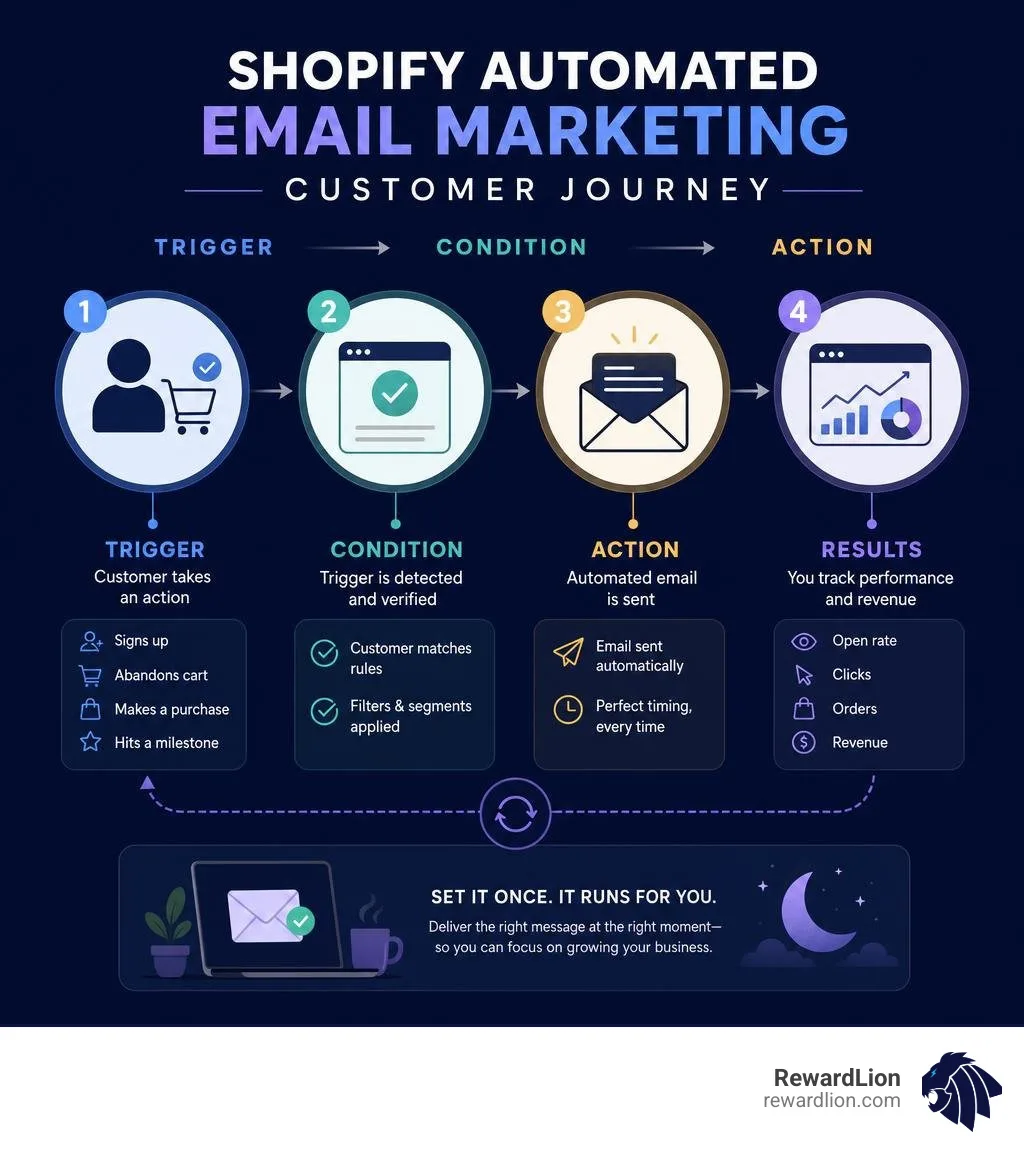 Shopify automated email marketing customer journey infographic showing trigger, condition, action flow infographic Shopify automated email marketing customer journey infographic showing trigger, condition, action flow infographic