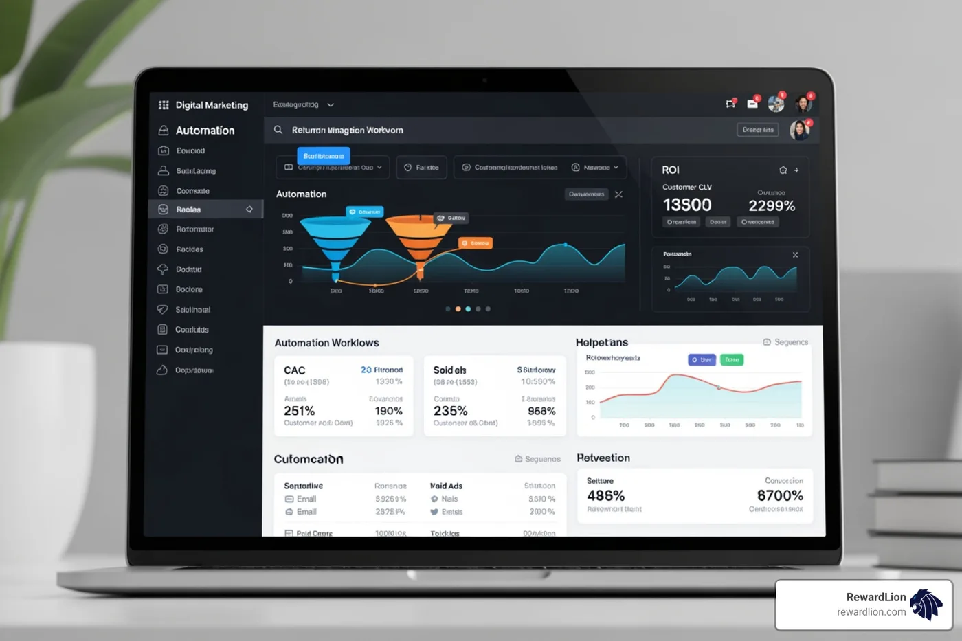 digital marketing dashboard showing automation workflows and ROI metrics