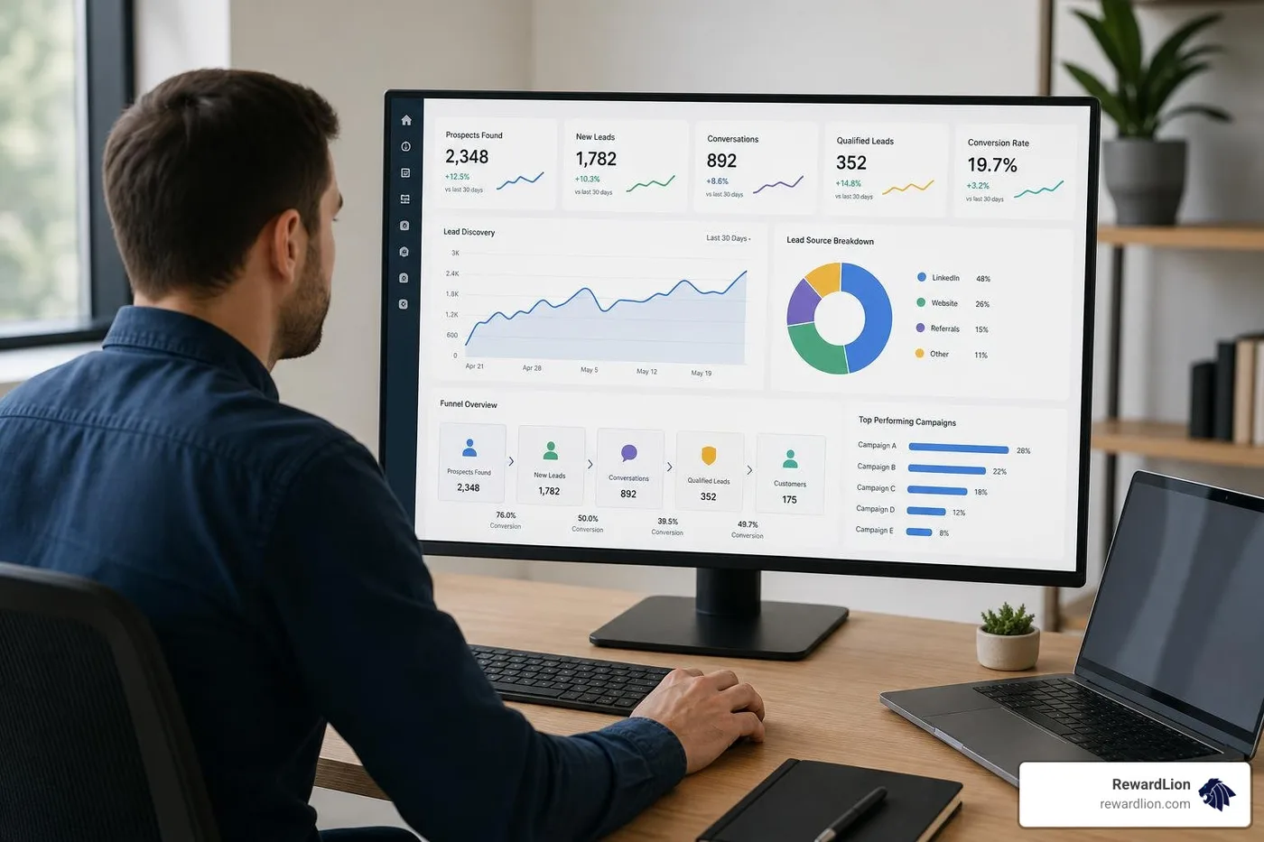 Automated lead generation dashboard visualizing prospect discovery and conversion metrics