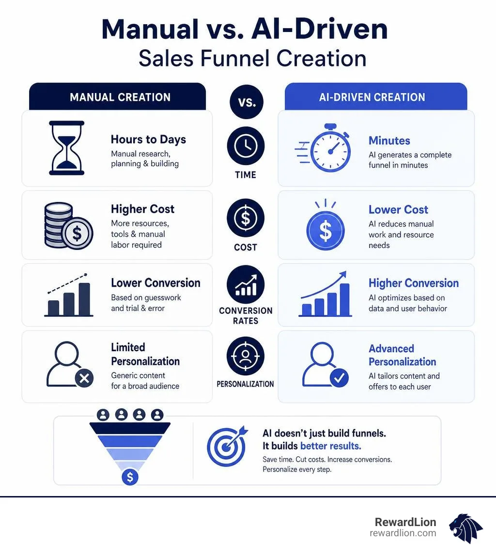 Infographic comparing manual vs AI-driven sales funnel creation: time, cost, conversion rates, and personalization