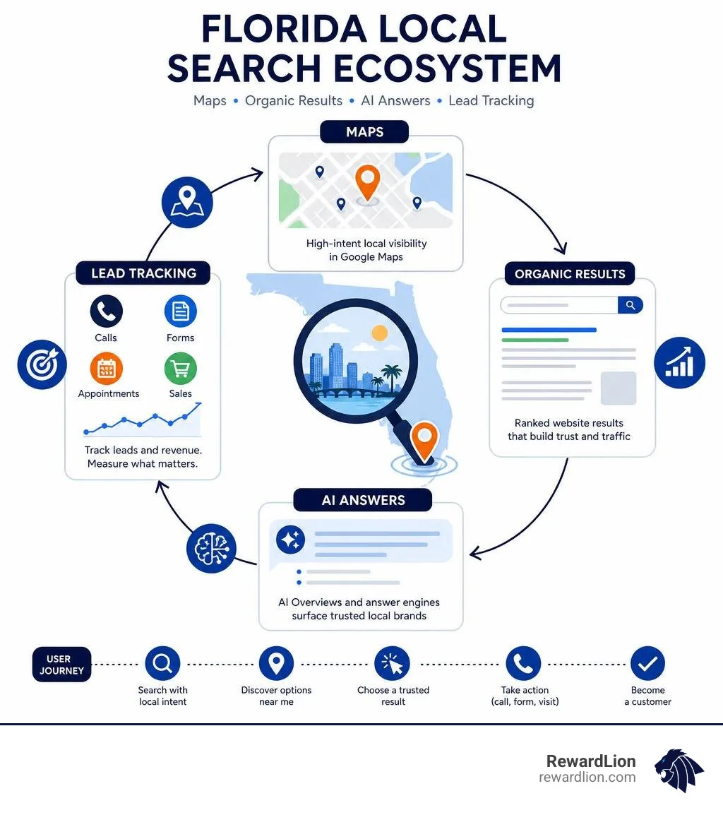 Florida local search ecosystem showing Maps organic results AI answers and lead tracking infographic