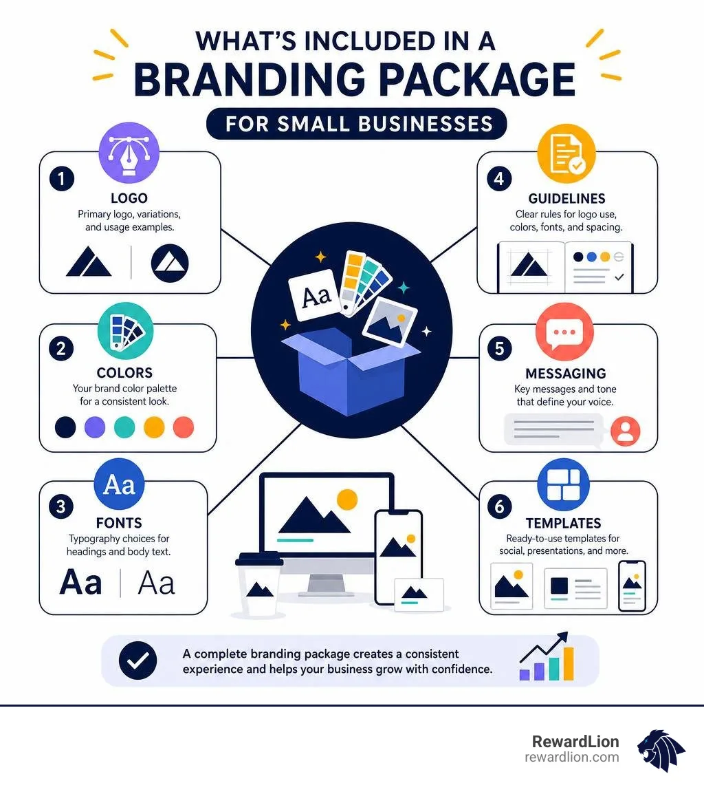 Infographic showing logo, colors, fonts, guidelines, messaging, and templates in a branding package infographic