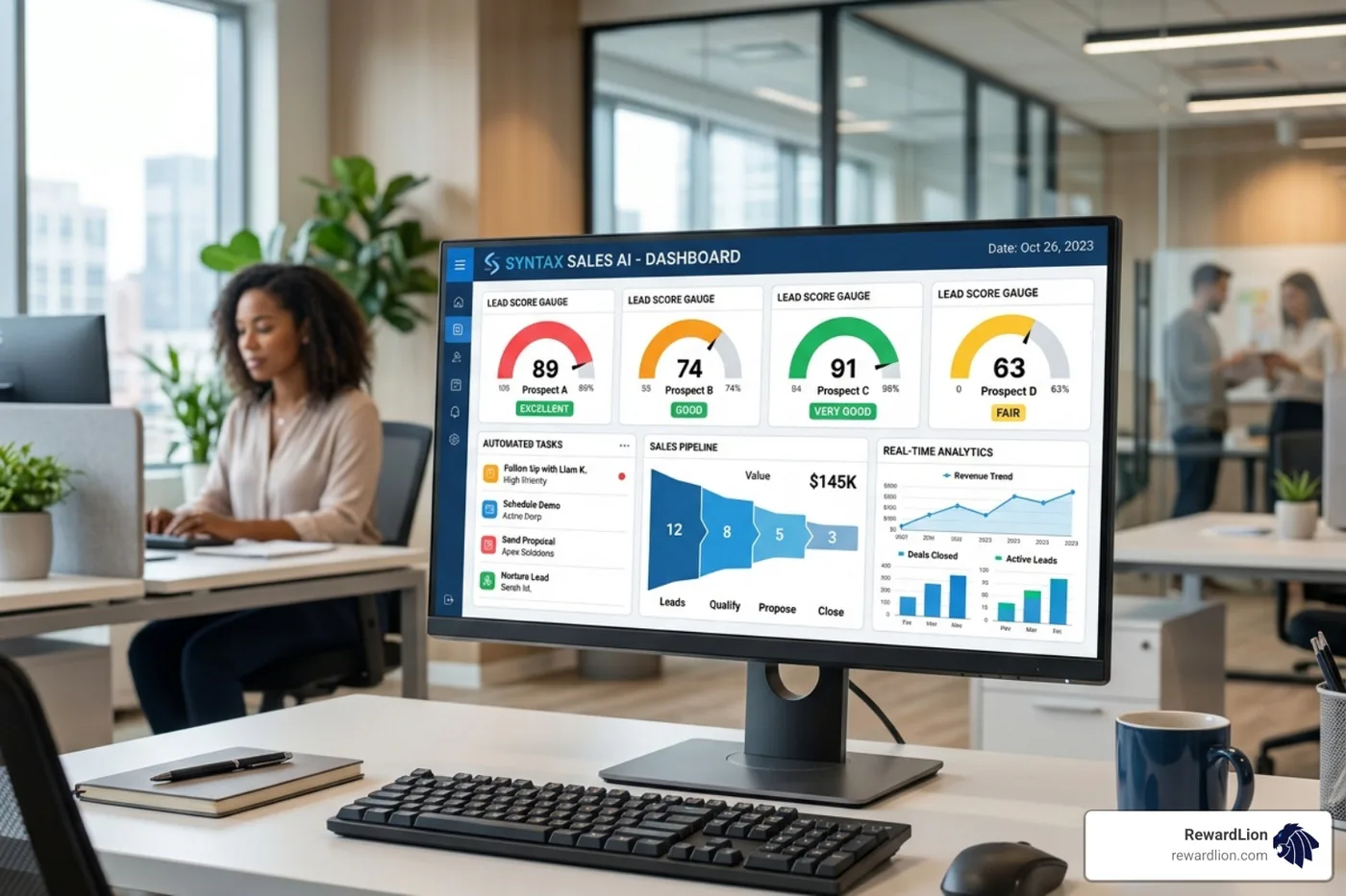 modern AI sales interface showing lead scores and automated tasks - sales automation ai tools