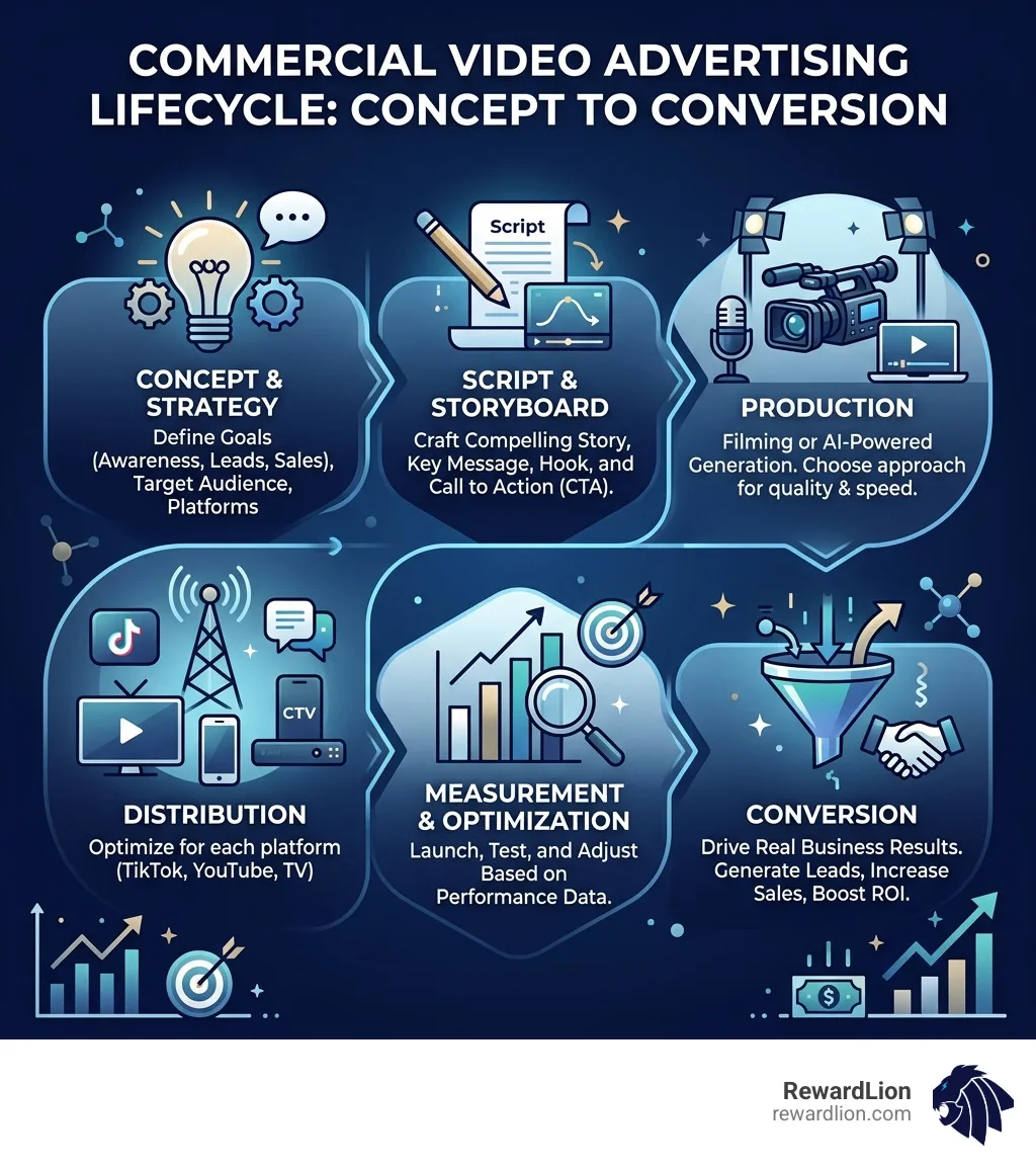 Commercial video advertising lifecycle from concept to conversion infographic - commercial video advertising infographic 