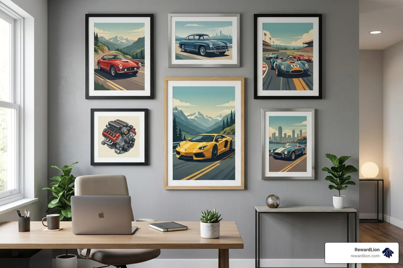Custom framed automotive advertisement posters hung neatly on a modern office wall decor setup