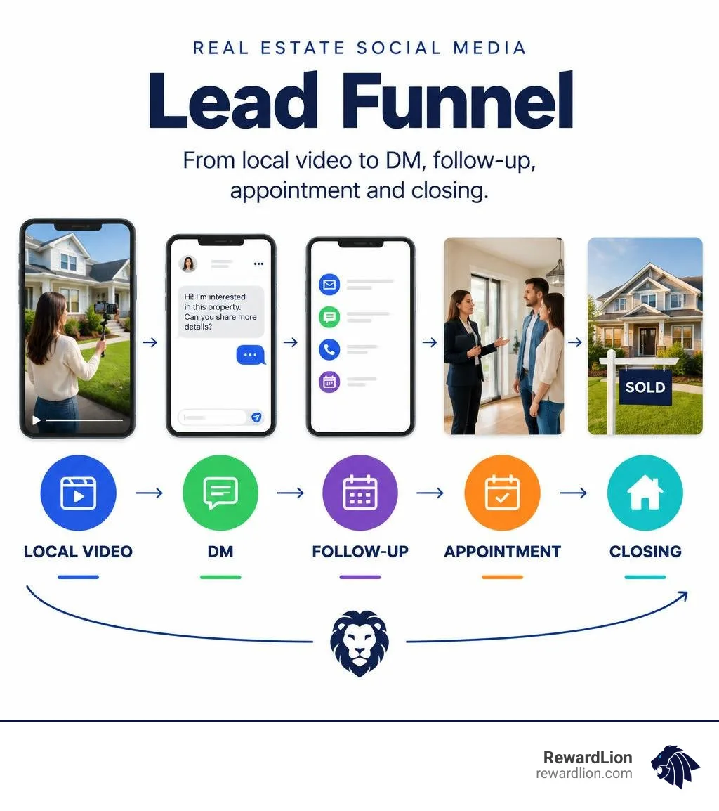 Real estate social media lead funnel from local video to DM, follow-up, appointment, and closing infographic Real estate social media lead funnel from local video to DM, follow-up, appointment, and closing infographic