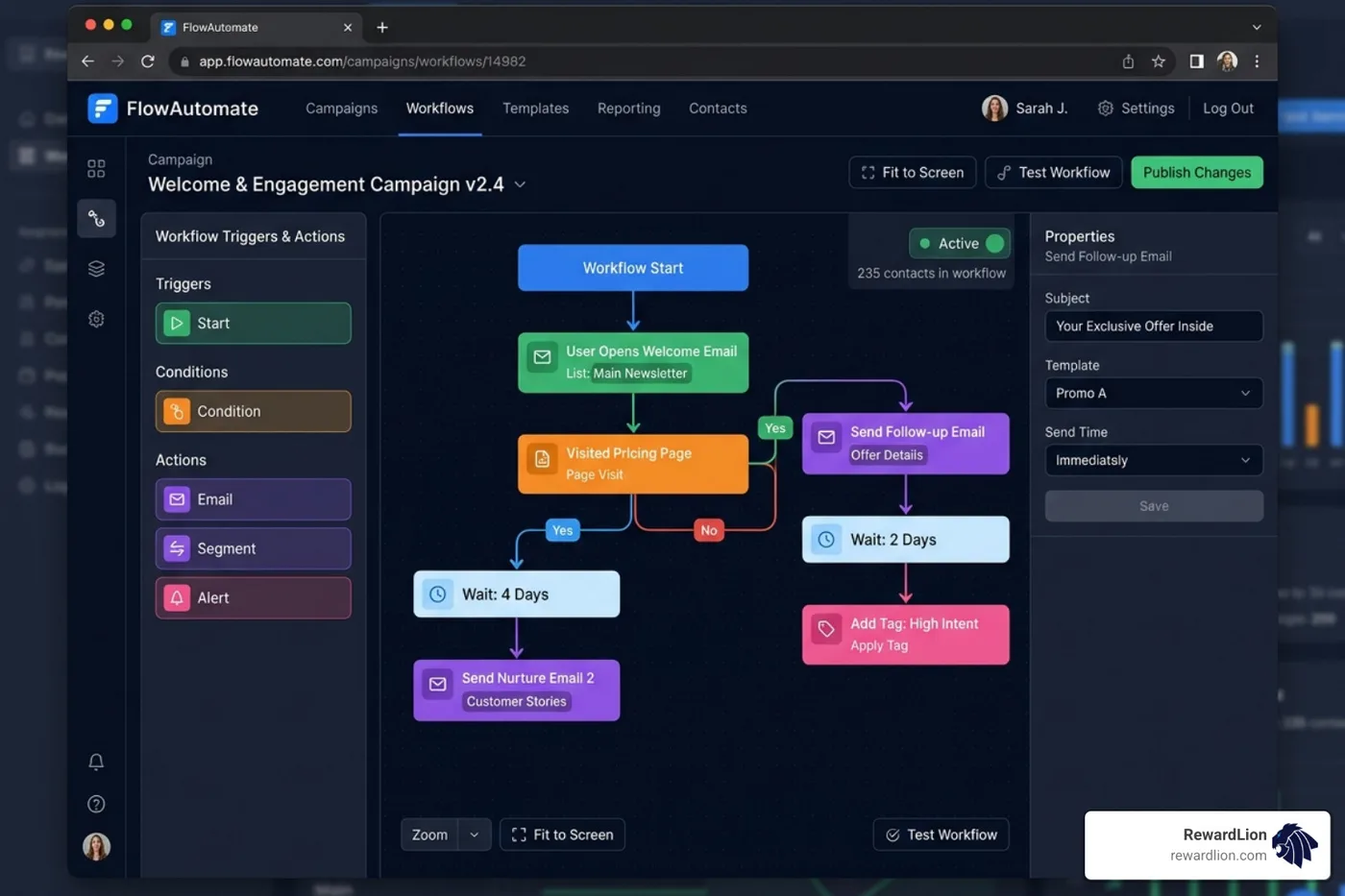 Drag-and-drop workflow builder interface showing behavioral triggers - digital marketing automation software