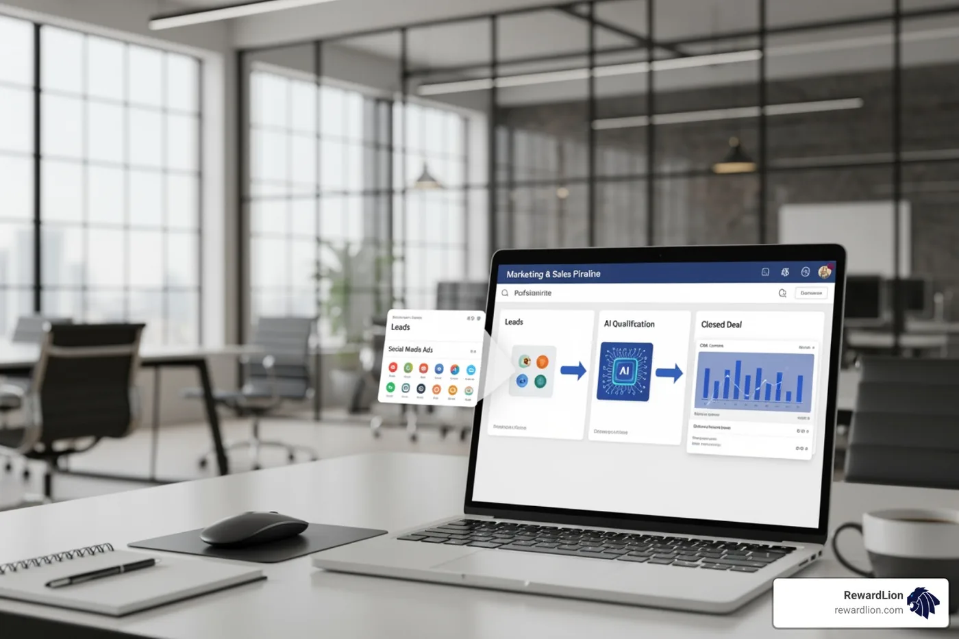 A unified marketing and sales pipeline showing leads moving from social ads to AI qualification and finally to a closed deal A unified marketing and sales pipeline showing leads moving from social ads to AI qualification and finally to a closed deal