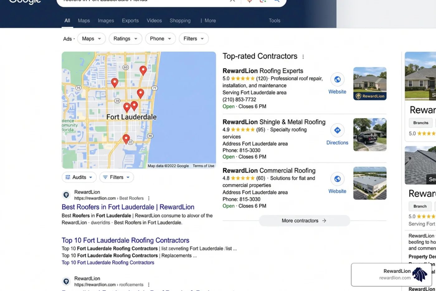 Local search map pack showing top contractors in Fort Lauderdale Florida Local search map pack showing top contractors in Fort Lauderdale Florida