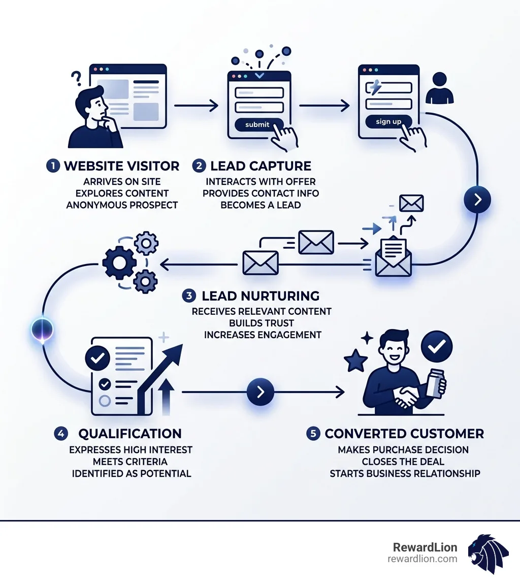 Lead generation lifecycle infographic from website visitor to converted customer - lead gen software infographic 
