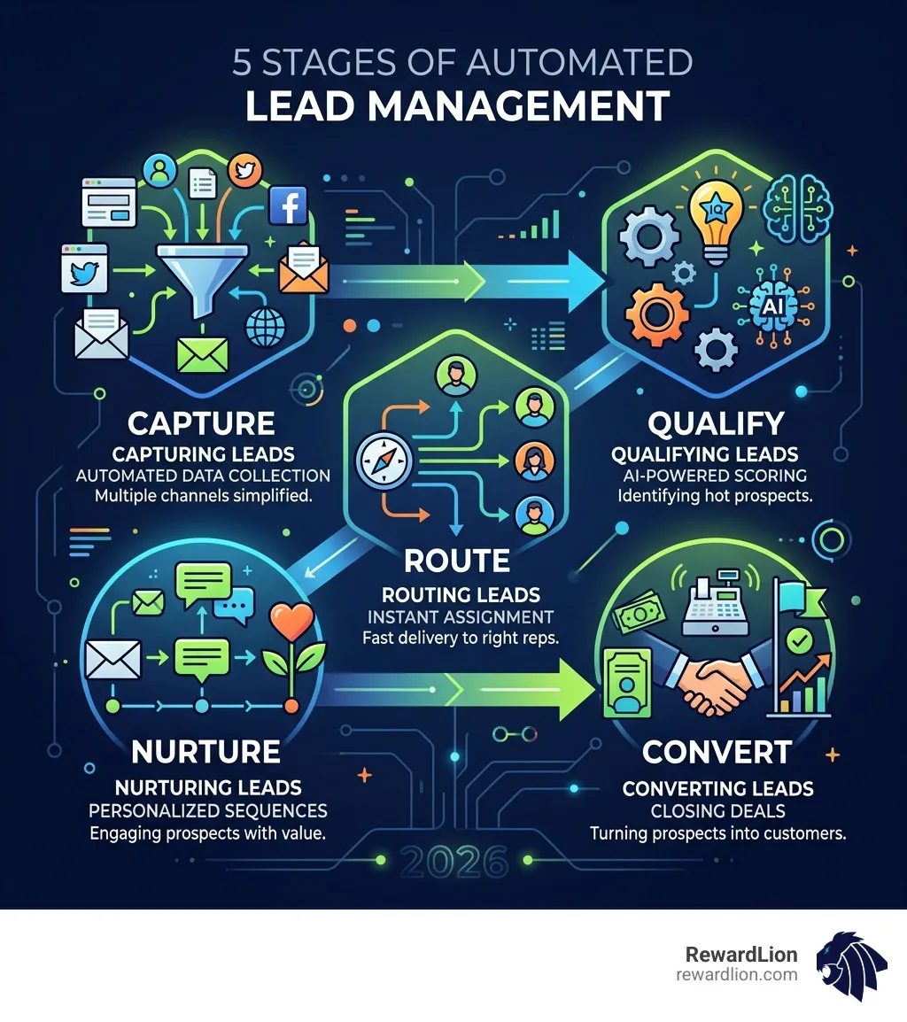 5 stages of automated lead management: capture, qualify, route, nurture, convert - lead automation software infographic 