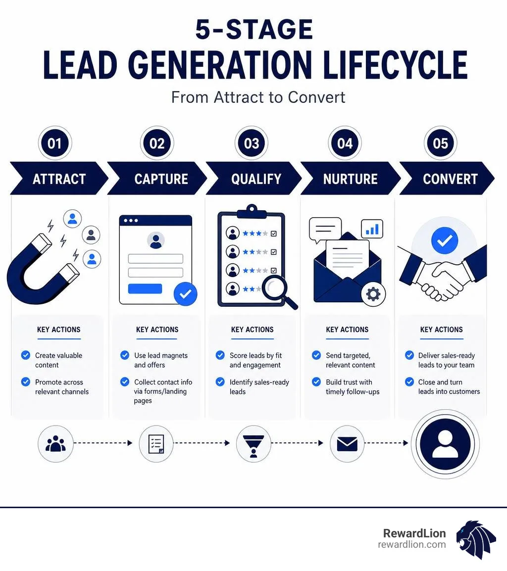 5-stage lead generation lifecycle from attract to convert with key actions at each stage infographic 5-stage lead generation lifecycle from attract to convert with key actions at each stage infographic