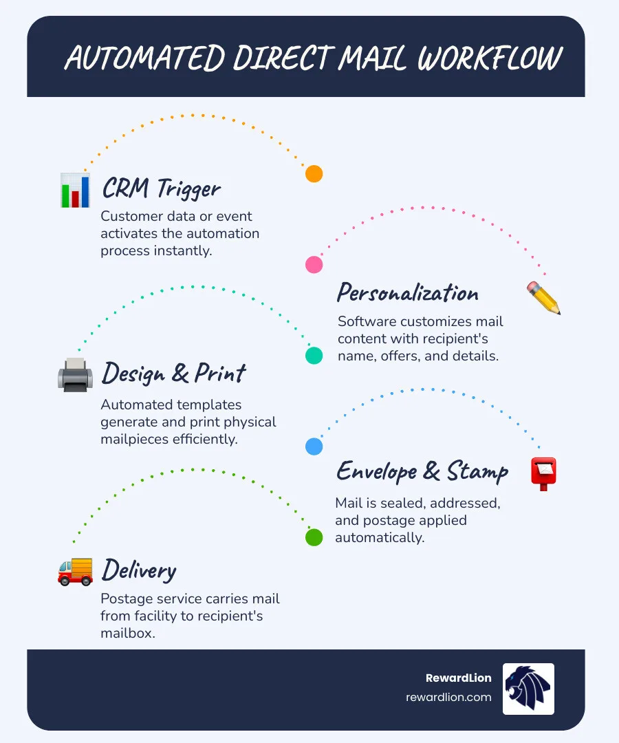 Automated direct mail workflow from CRM trigger to mailbox delivery infographic - direct mail automation software