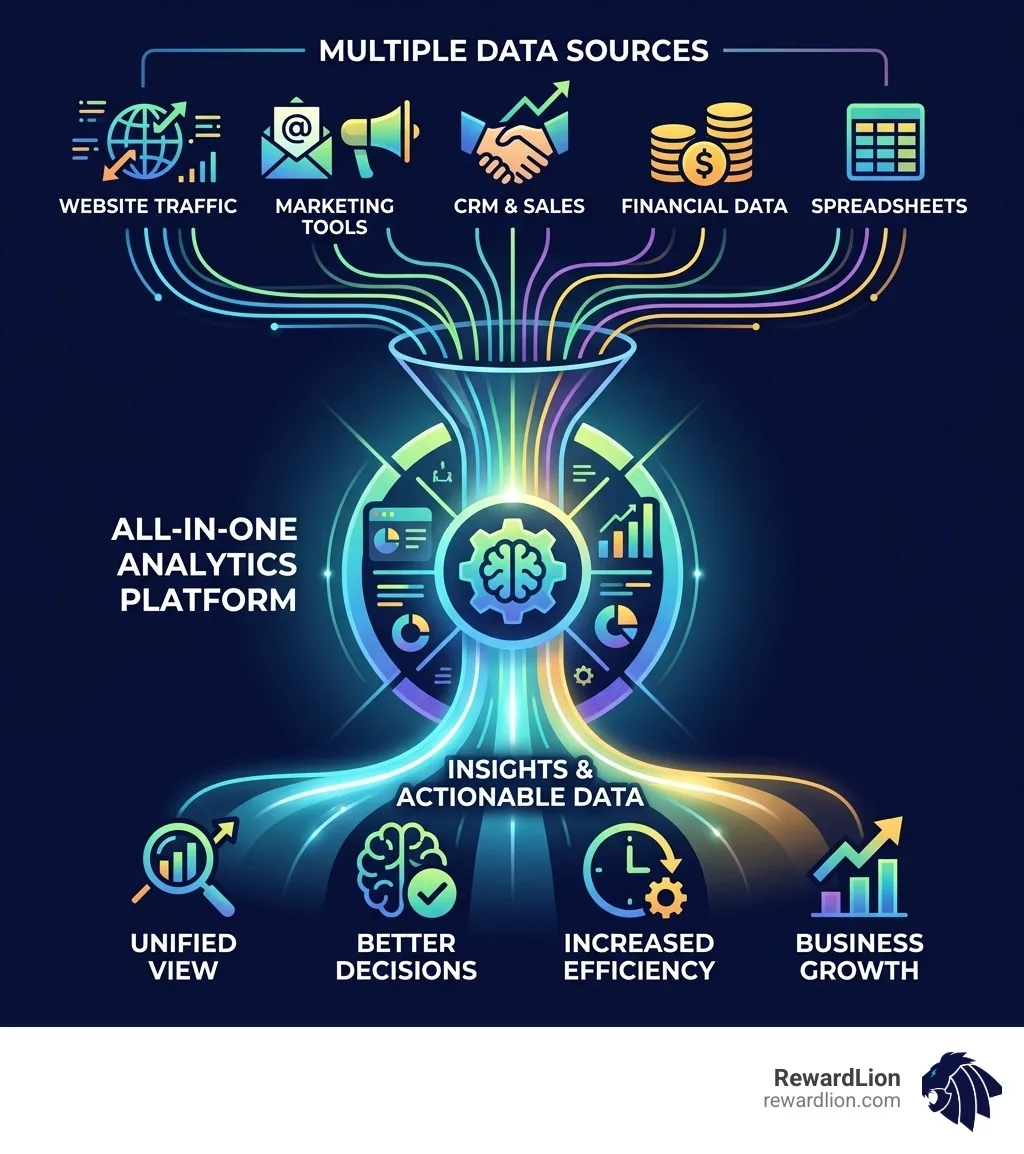 infographic showing unified data flow from multiple sources into one all-in-one analytics platform - all in one analytics