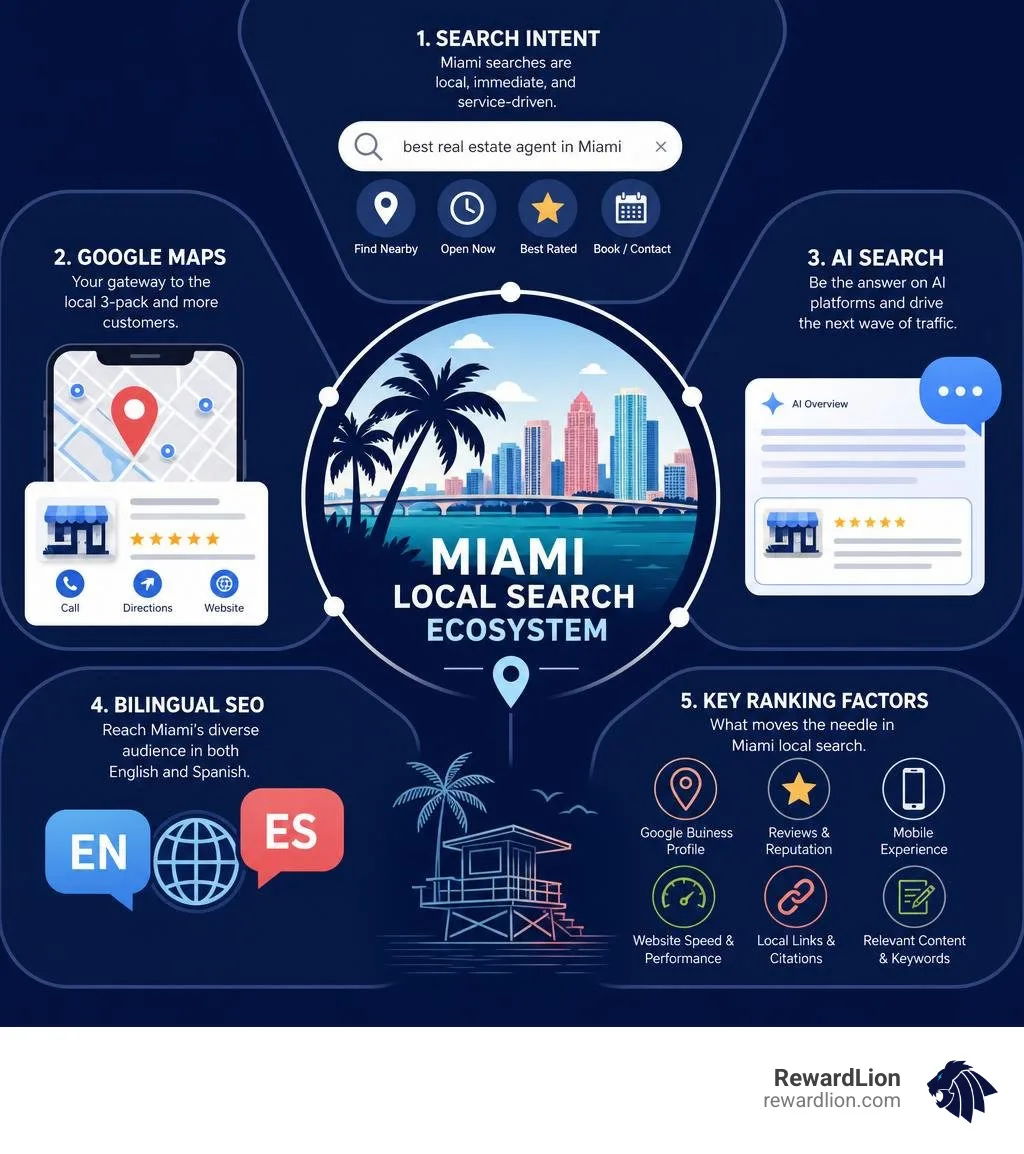 Infographic showing Miami local search ecosystem: search intent, Google Maps, AI search, bilingual SEO, and key ranking