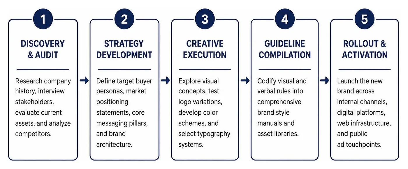 Diagram showing the 5-phase professional branding process workflow Diagram showing the 5-phase professional branding process workflow