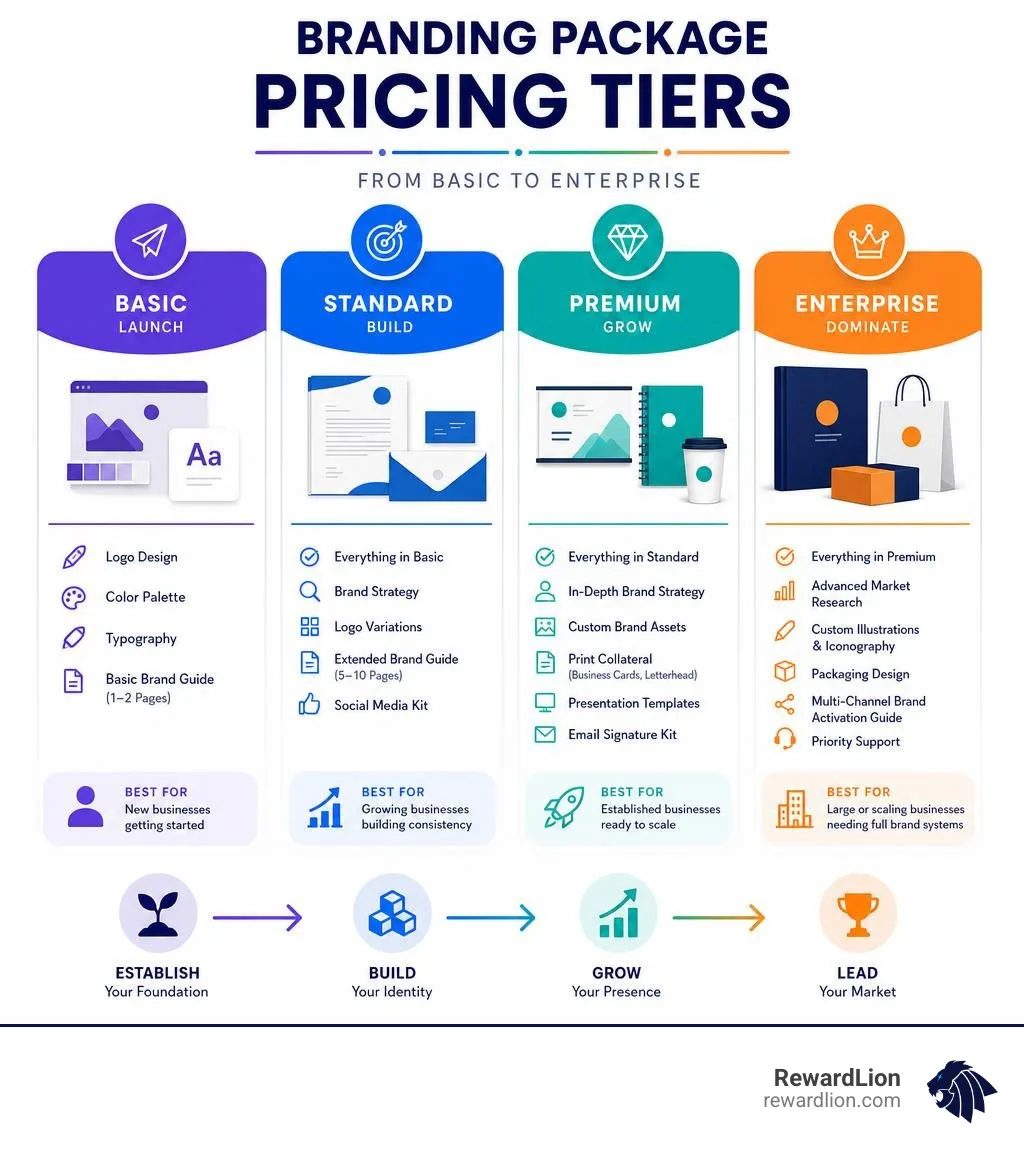 Branding Package Pricing Tiers from Basic to Enterprise infographic