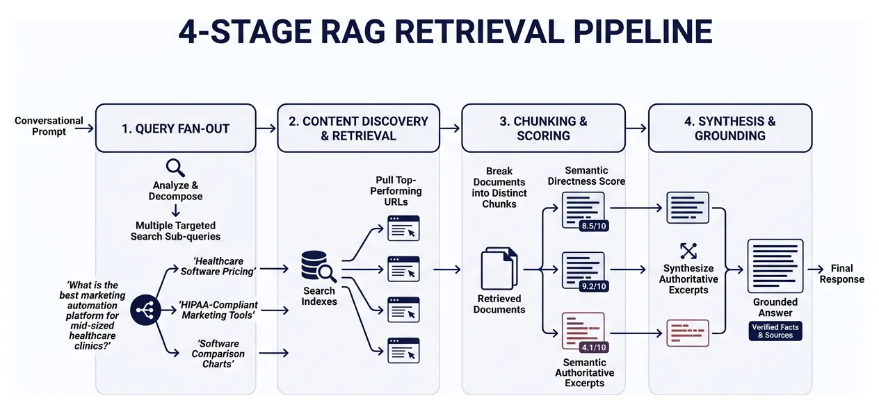 Diagram illustrating the 4-stage RAG retrieval pipeline from query fan-out to grounded answer