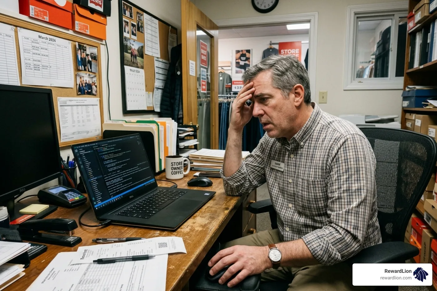 A frustrated retail owner looking at complex technical jargon and code on a laptop screen - ai automation for agencies