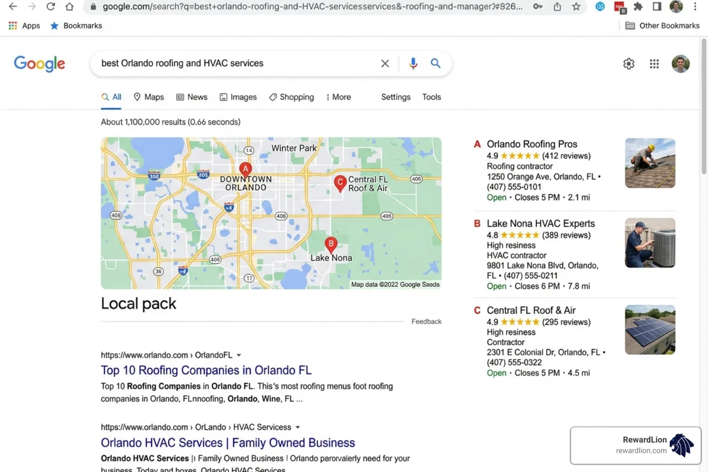 Google Map Pack result showing top three local Orlando businesses with high ratings and proximity - seo in orlando