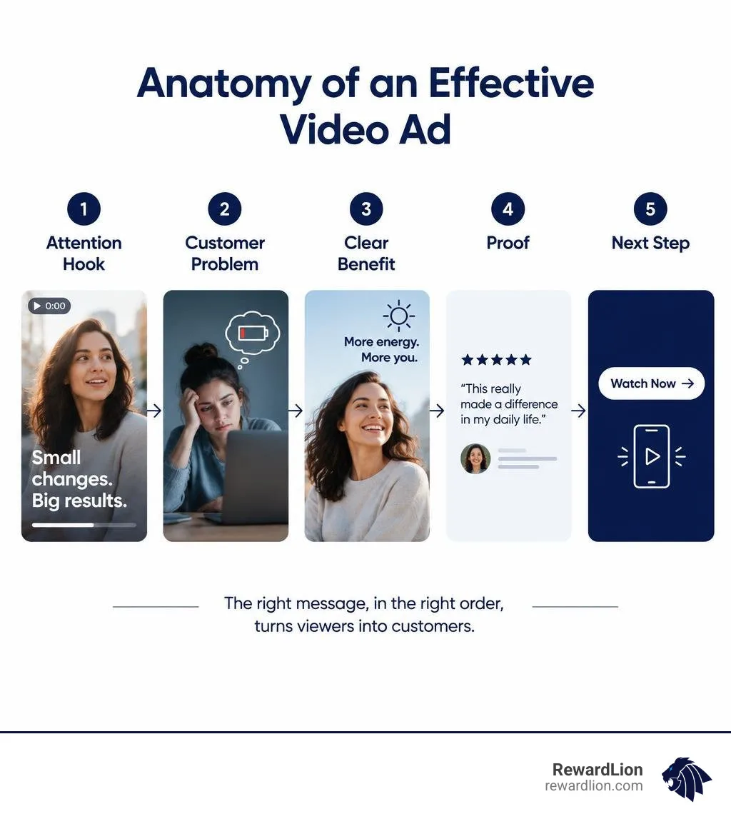 Anatomy of an effective video ad: attention hook, customer problem, clear benefit, proof, and next step infographic Anatomy of an effective video ad: attention hook, customer problem, clear benefit, proof, and next step infographic