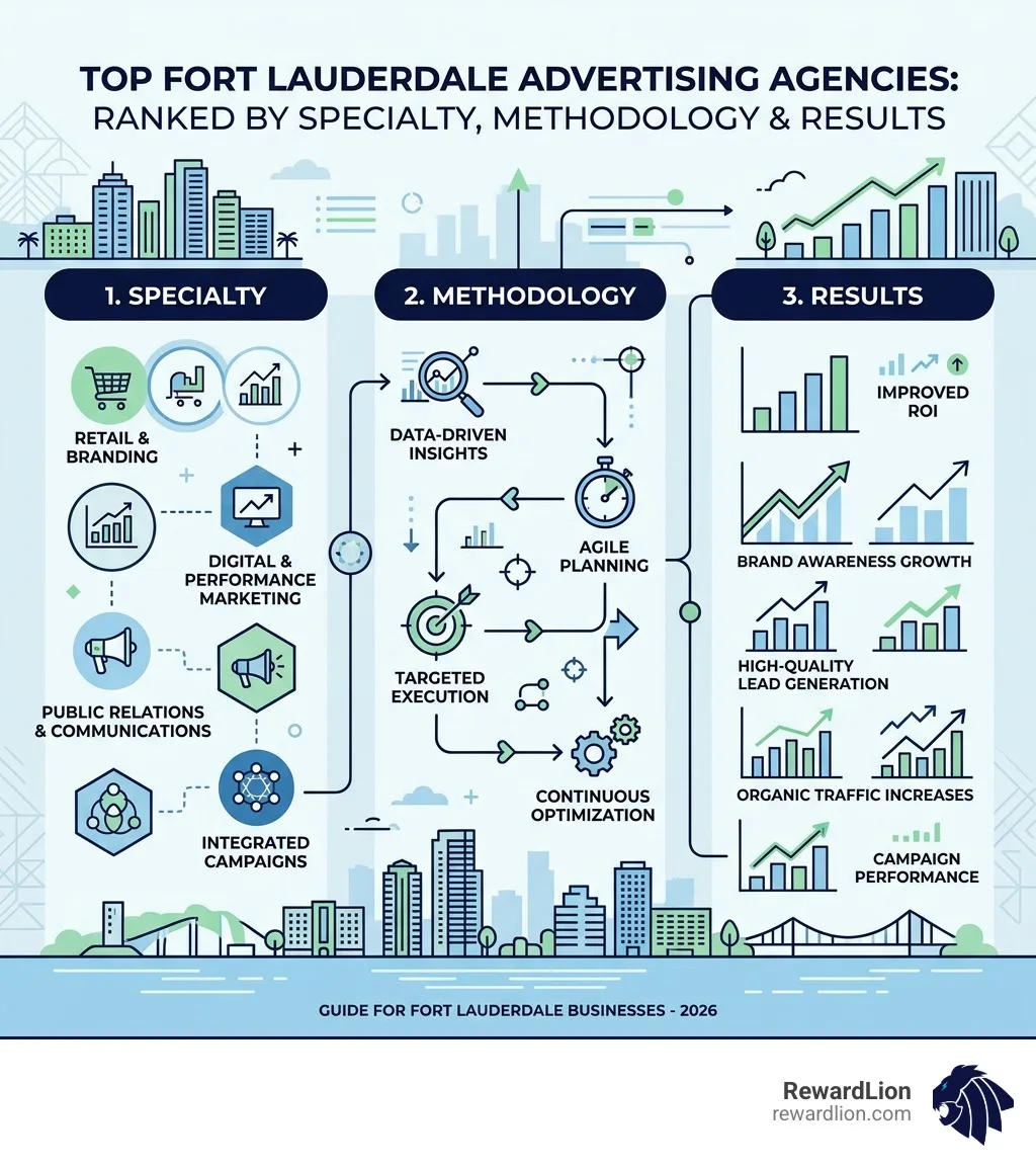 Infographic showing top Fort Lauderdale advertising agencies ranked by specialty, methodology, and results - advertising