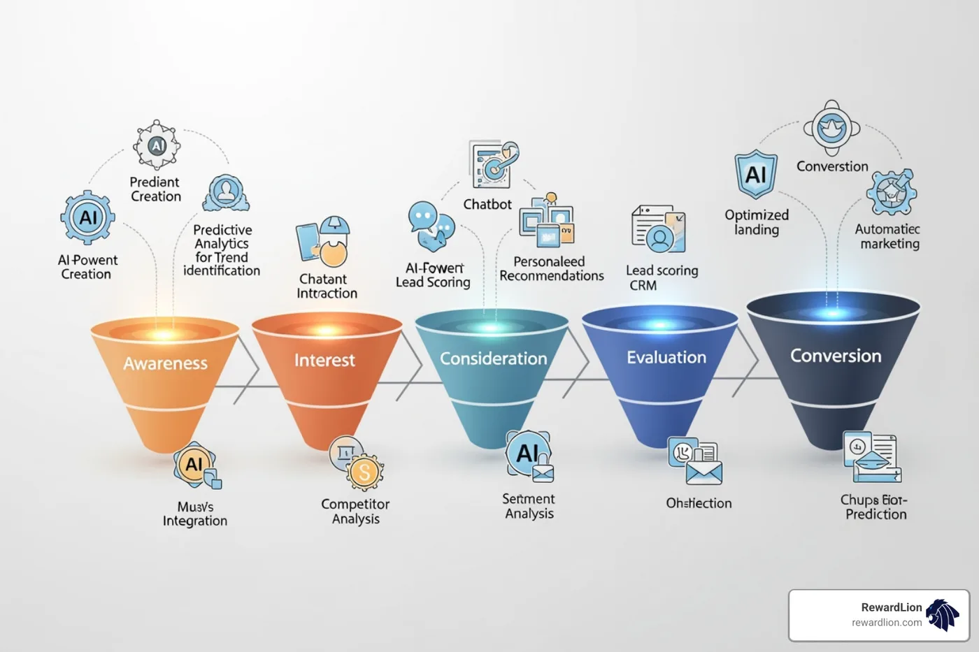 A graphic showing various AI tools integrated into a marketing and sales funnel