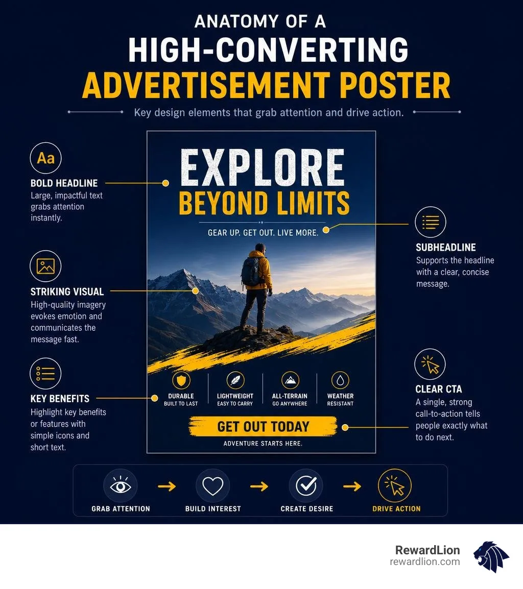 Anatomy of a high-converting advertisement poster with key design elements labeled infographic