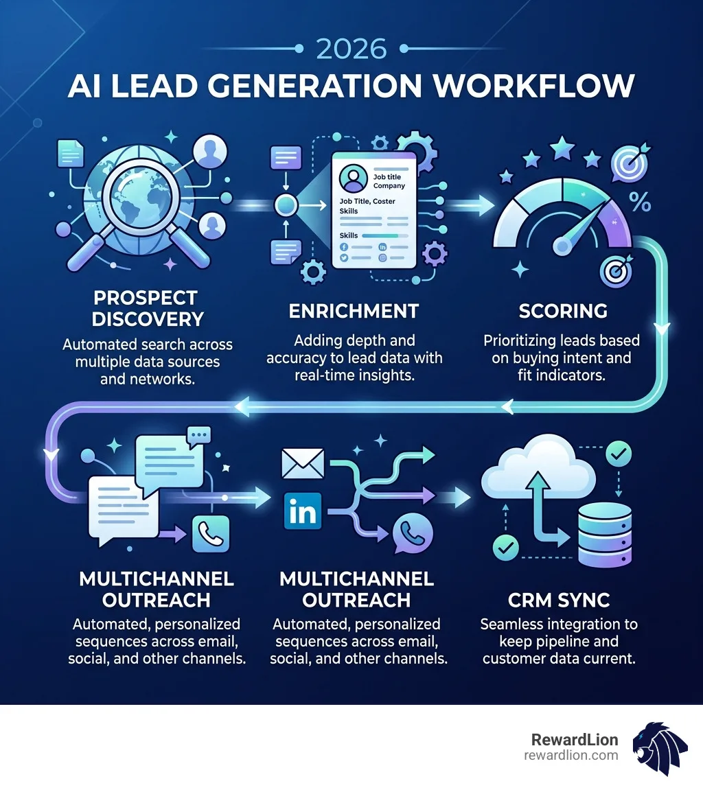2026 AI lead generation workflow: prospect discovery, enrichment, scoring, multichannel outreach, CRM sync - ai lead