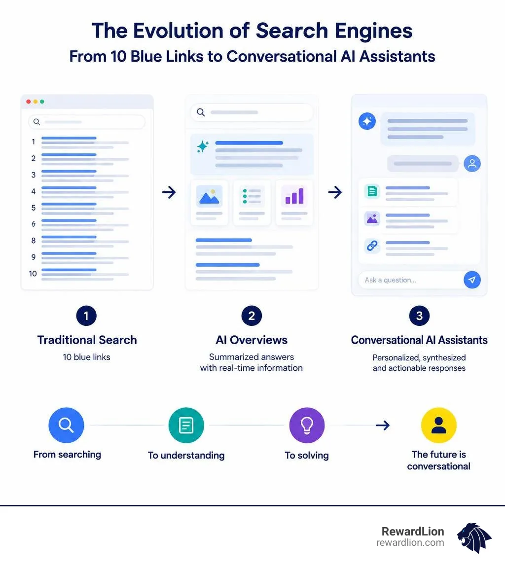evolution of search engines from 10 blue links to conversational AI assistants infographic