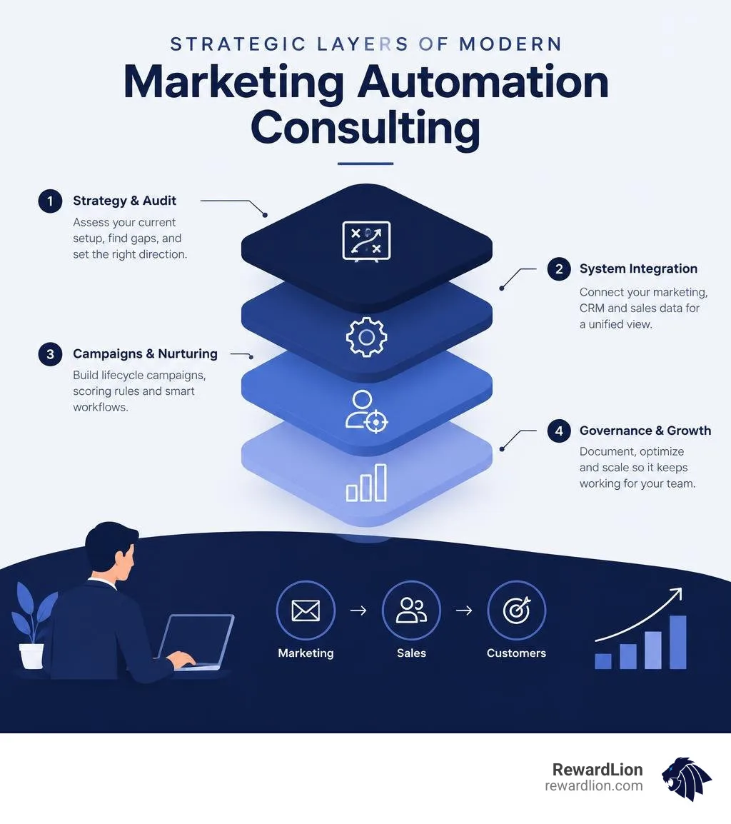 Strategic layers of modern marketing automation consulting infographic