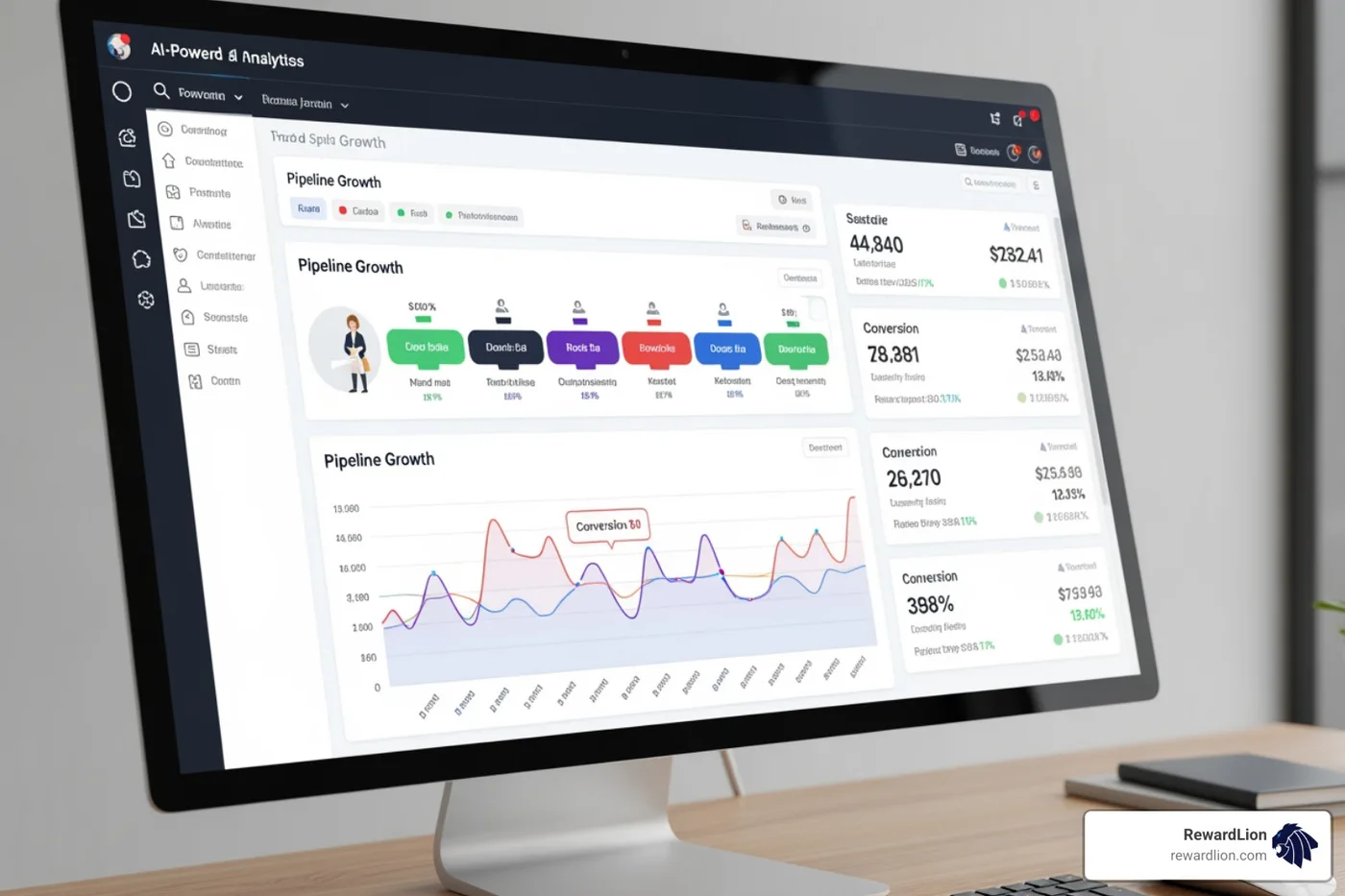 AI-powered data analytics dashboard showing pipeline growth and conversion metrics