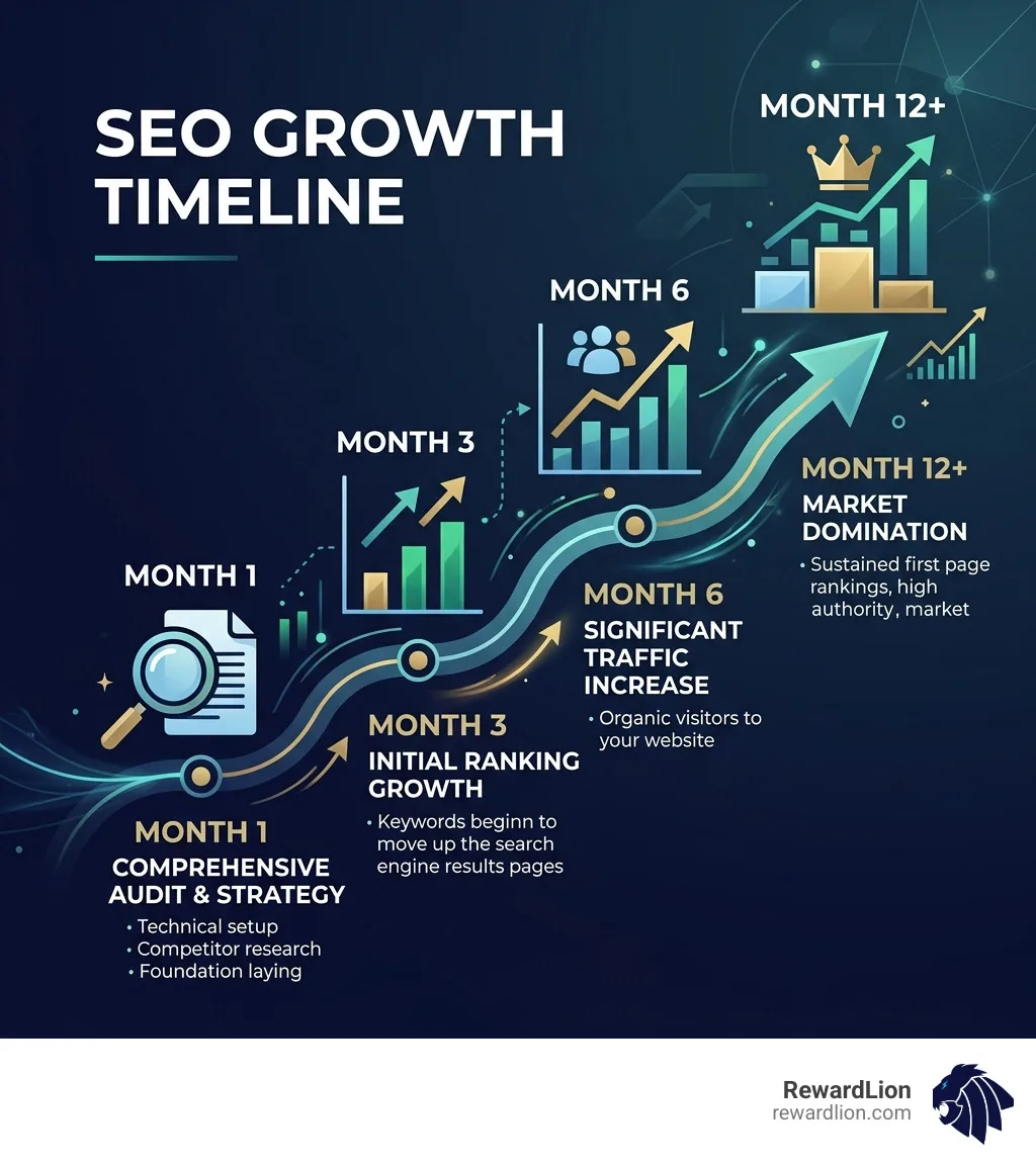 Infographic showing SEO growth timeline: Month 1 Audit, Month 3 Initial Ranking Growth, Month 6 Significant Traffic