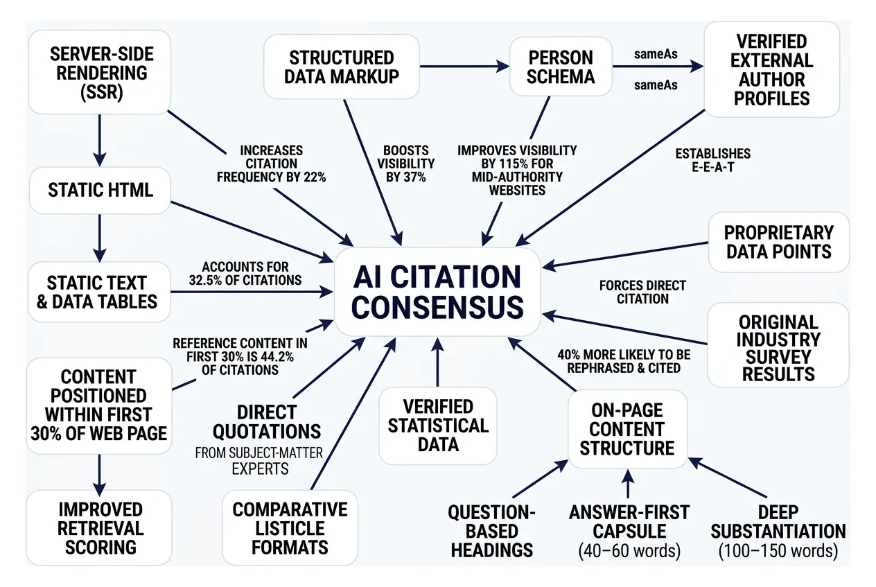 Diagram showing the multi-platform entity footprint required for AI citation consensus