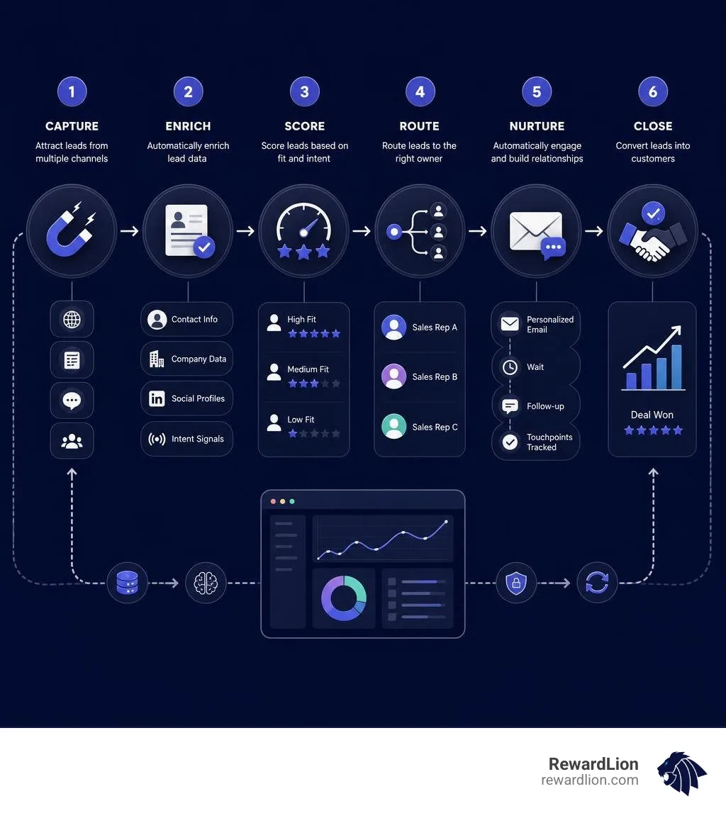Lead generation automation workflow: capture, enrich, score, route, nurture, close infographic