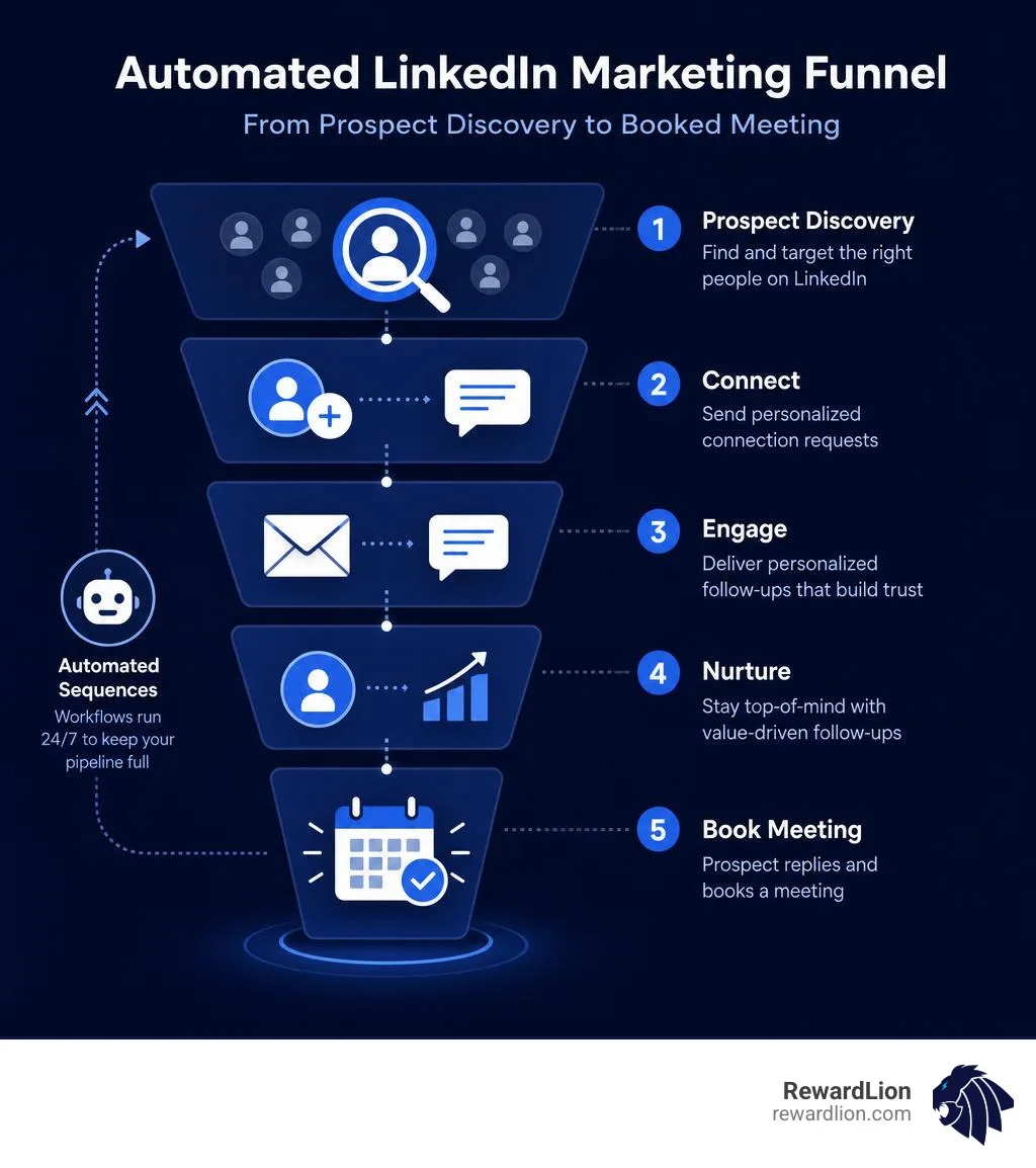 Automated LinkedIn marketing funnel from prospect discovery to booked meeting infographic Automated LinkedIn marketing funnel from prospect discovery to booked meeting infographic