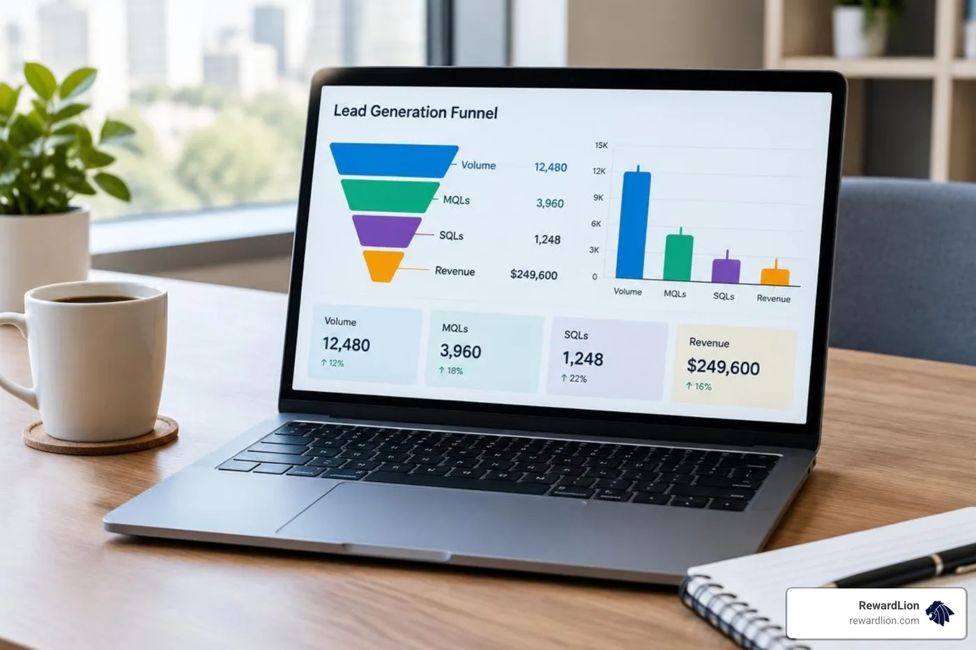 Lead generation waterfall dashboard showing volume, MQLs, SQLs, and revenue metrics