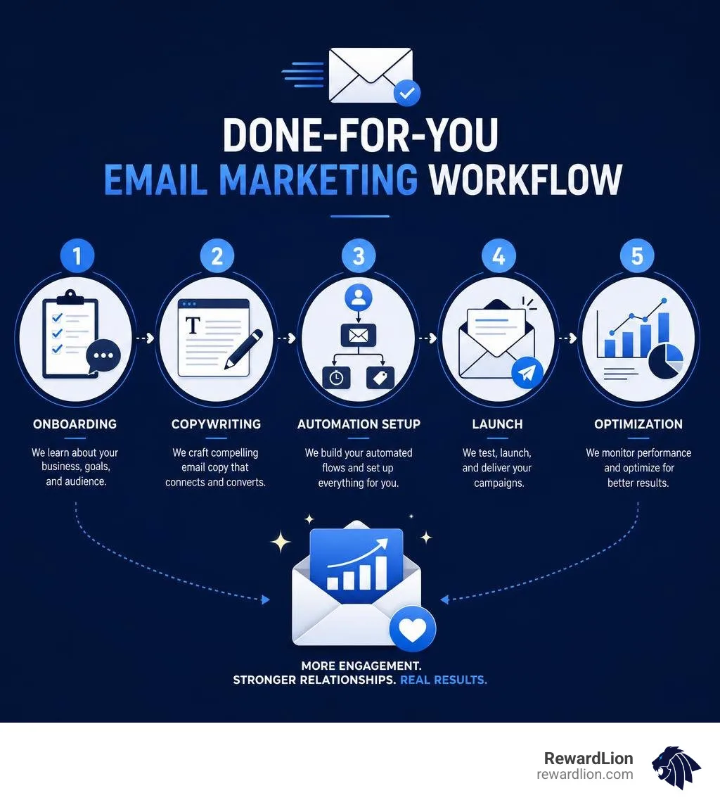 Done-for-you email marketing workflow: onboarding, copywriting, automation setup, launch, and optimization infographic Done-for-you email marketing workflow: onboarding, copywriting, automation setup, launch, and optimization infographic