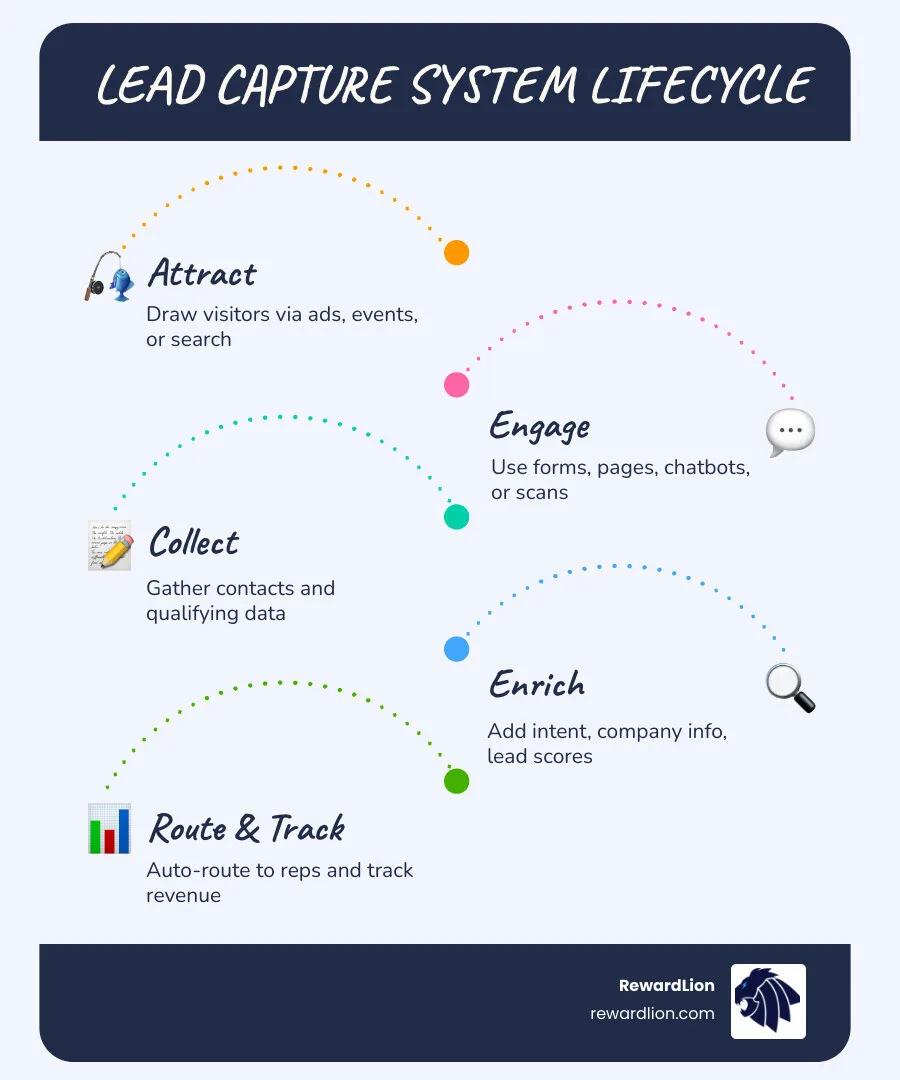 Lead capture system lifecycle infographic showing 6 stages from attraction to revenue tracking infographic